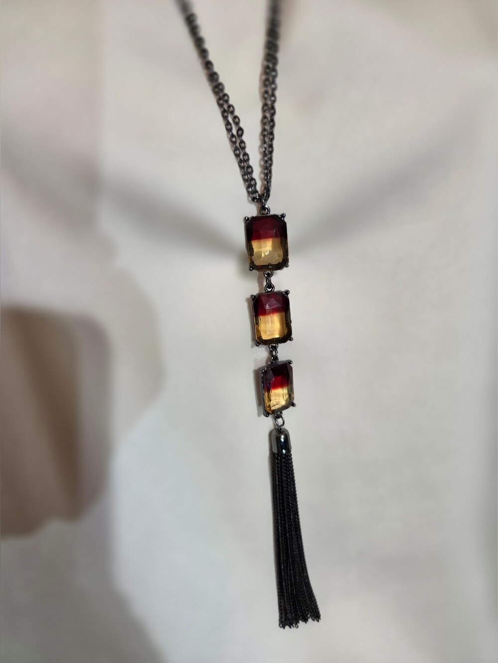 Ombre Red-to-Gold Triple Stone Tassel Necklace
